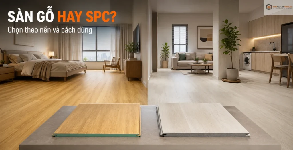 So sánh sàn gỗ công nghiệp MF-807 và sàn nhựa SPC TH-924 theo nền và cách dùng.