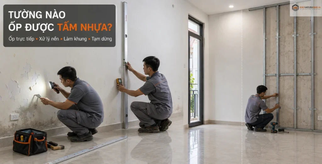 Kỹ thuật viên kiểm tra tường để xác định nên ốp trực tiếp, xử lý bề mặt, làm khung hay tạm dừng thi công.