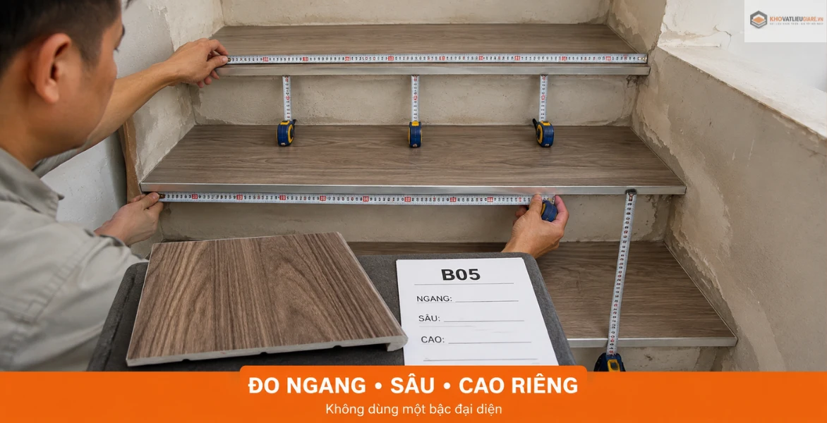 Đo chiều ngang chiều sâu và cổ bậc Đo chiều ngang chiều sâu và cổ bậc cầu thang